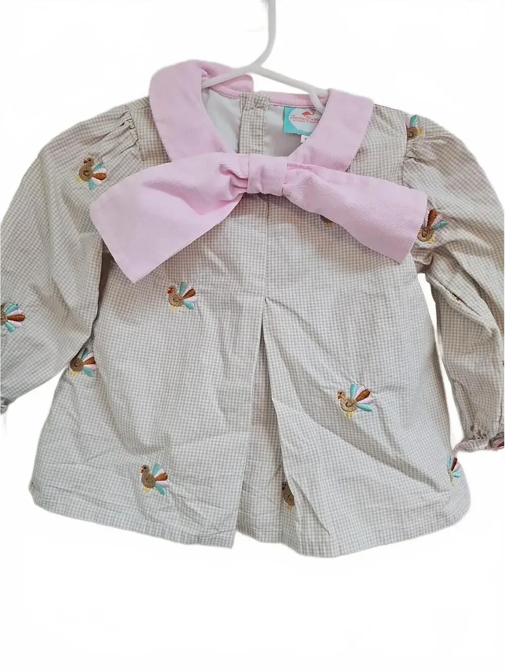 The Smocked Flamingo Embroidered Turkey Long Sleeve Top W/ Corduroy Bow Size 3T